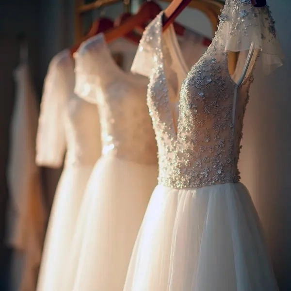 Detail of a wedding gown prepared for specialist garment care